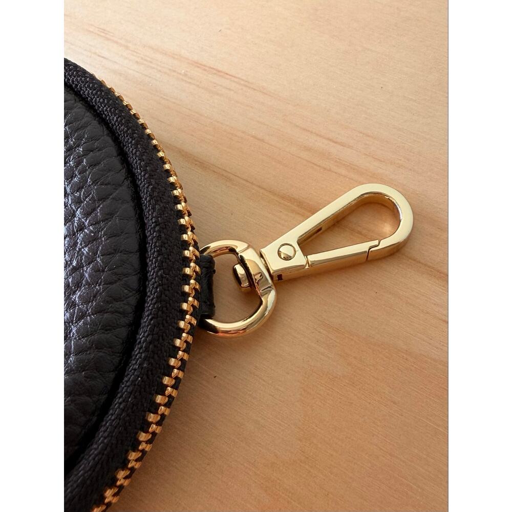 NEW Bandolier Mini Round Pouch Black Leather Gold Tone Hardware Bag Charm Flair - Picture 3 of 8